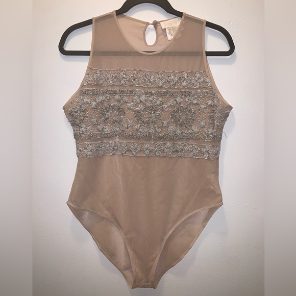 Escada Tops - ESCADA Nude Beaded Sequin Bodysuit Size L